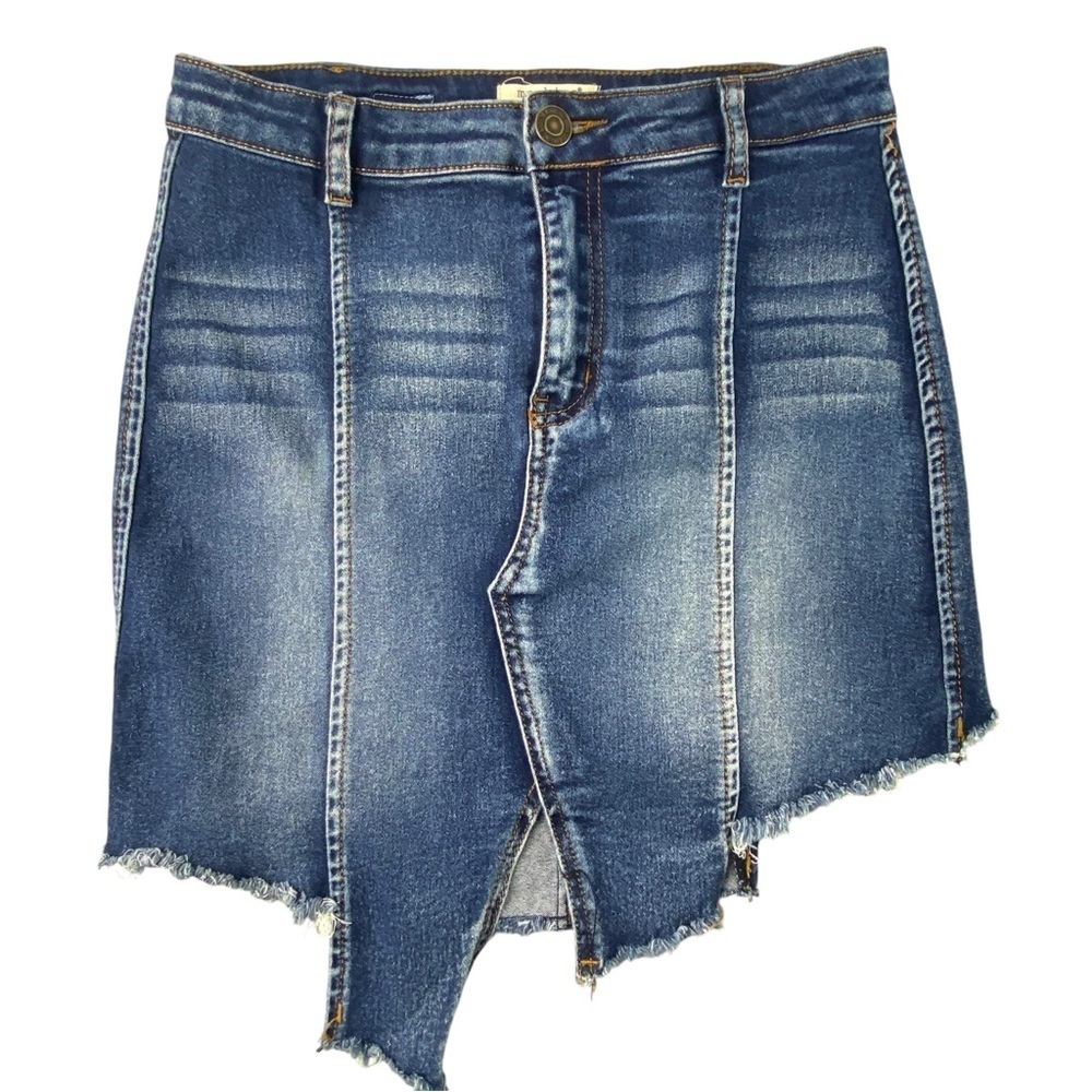 Machine torn up look blue jean mini skirt with stretch size large